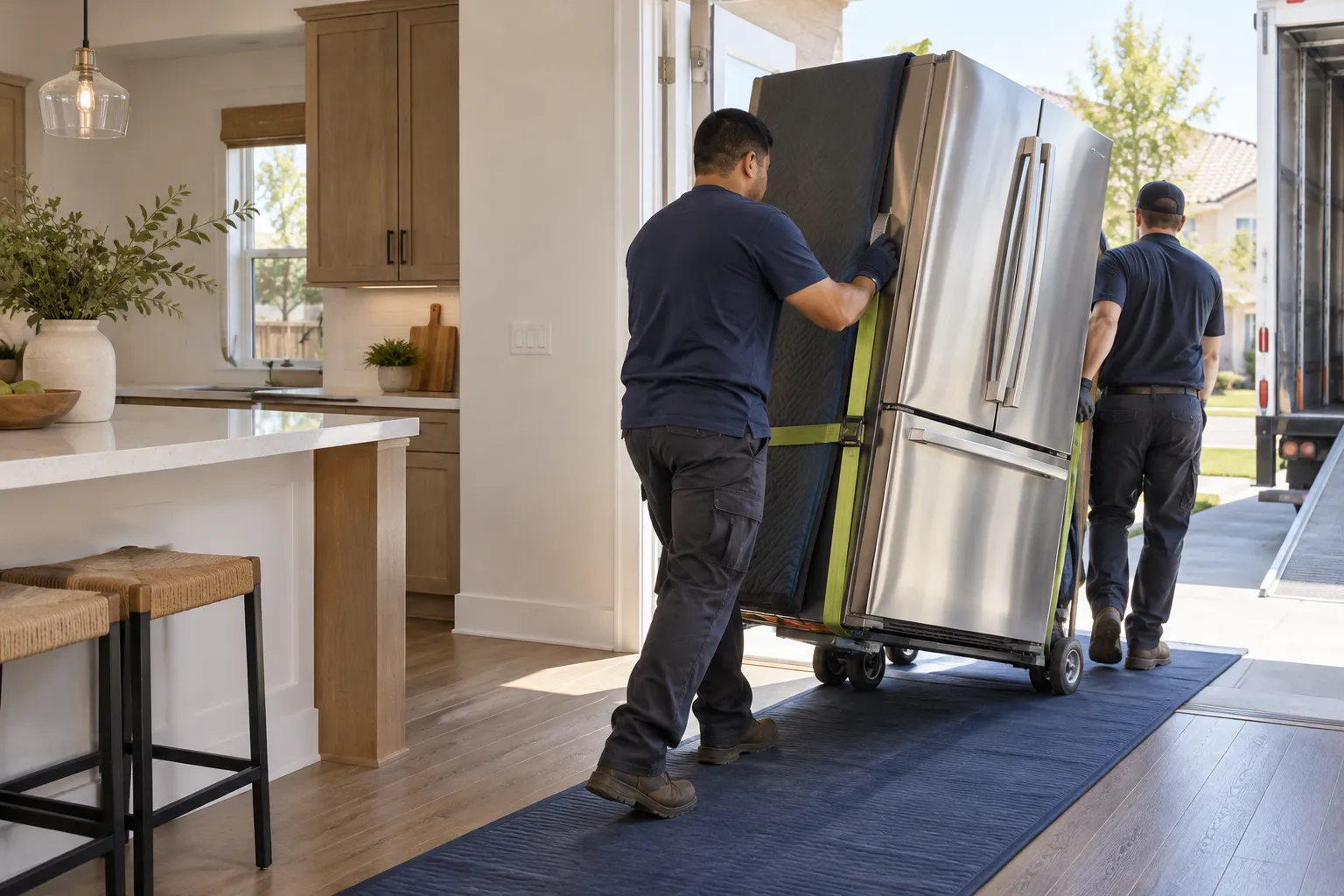 Two movers guiding a protected refrigerator toward a truck